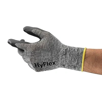 Obrázek Ansell HyFlex 11 801 profesionální pracovní rukavice, protiskluzová nitrilová vrstva, průmyslové ochranné rukavice pro mechaniku, dílnu a montáž, omyvatelné, černé, velikost 2XL (12 párů), šedé