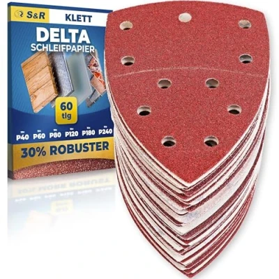 Obrázek S&amp;R Sada brusného papíru se suchým zipem 105 x 152 mm (93 93 mm) 60dílná pro Delta &amp; trojúhelníkové brusky: Ideální na dřevo, kov, plast a další zrnitost P40 až P240, 11 otvorů, dlouhá
