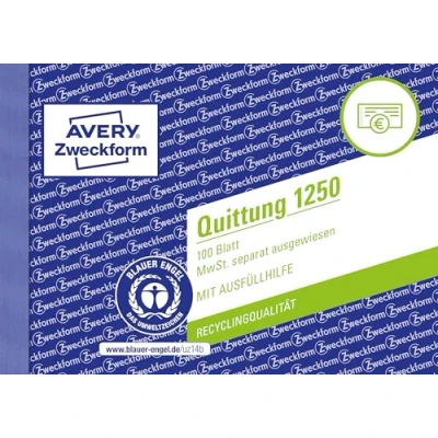 Obrázek AVERY Zweckform 1250 blok stvrzenek (A6 na šířku, 100 listů, odolný proti falšování, samostatně vykázaná DPH, s 1 listem modrého papíru, pro Německo a Rakousko) bílý