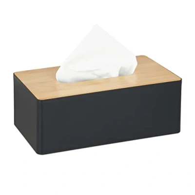 Obrázek Relaxdays Box na ubrousky s víkem z bambusu, do koupelny, moderní design, plast, V x Š H: 10 26 14 cm, černý/přírodní