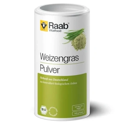 Obrázek Raab Vitalfood Bio prášek z pšeničné trávy s kyselinou listovou a vitamínem K, perfektní pro smoothies koktejly, veganský, bez lepku, 1x 140 g balení