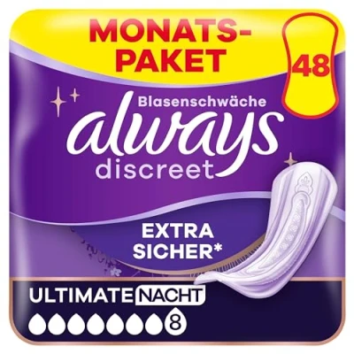 Obrázek Always Discreet inkontinenční vložky Plus Ultimate Night 48 vložek (4 x 12 kusů) pro dámy, silná ochrana, kterou sotva cítíte