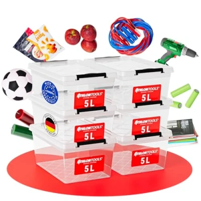 Obrázek ATHLON TOOLS 6 x 5 l úložné boxy s víkem, bezpečné pro potraviny uzavírací klipy 100% nový materiál plastový box transparentní na šaty stohovatelné..