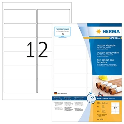 Obrázek HERMA 9538 Fóliové etikety odolné proti povětrnostním vlivům, 40 listů, 99,1 x 42,3 mm, 12 na arch A4, 480 kusů, samolepicí, potiskovatelné, matné, prázdné venkovní lepicí etikety, nálepky z