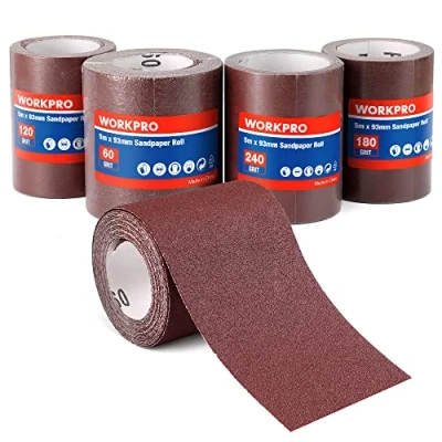 Obrázek WORKPRO role brusného papíru, 4 papíru 93 mm x 5 m, zrnitost 60/120/180/240, pro ruční brusky, vibrační bruska, smirkový papír na dřevo, kov, barva