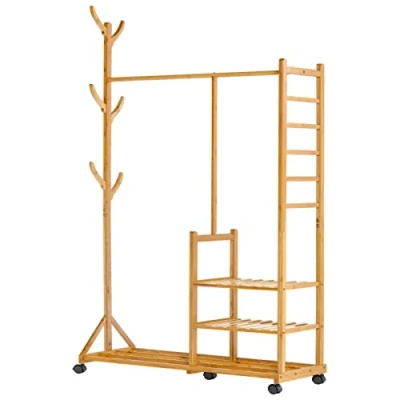 Obrázek Yorbay Věšák na oblečení bambus stojan šaty s kolečky, šatní tyčí, 3 policemi a 6 háčky, tvar stromu, 100 x 38 176 cm (přírodní)