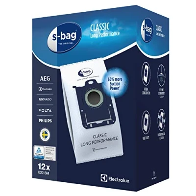 Obrázek Electrolux E201SM s bag sáček na prach Classic Long Performance (mega balení, 12 sáčků do vysavače pro trvale vysoký sací výkon, optimální filtrace, hygienický uzávěr, o 60 % větší síla, bílé)