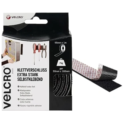 Obrázek Značka Velcro, samolepicí páska na suchý zip, lze přistřihnout, industriální, extra silný, oboustranný zip se suchým zipem černý 50 mm x 1 m