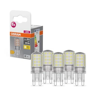 Obrázek OSRAM Star PIN LED žárovka pro patici G9, čiré sklo, teplá bílá (2700 K), 470 lumenů, náhrada za běžné 40W náhradní, světelný zdroj, nestmívatelná, balení 5 ks