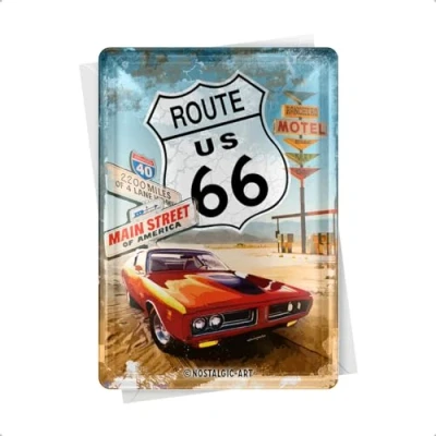 Obrázek Nostalgic Art Retro plechová pohlednice, 10 x 14 cm, Route 66 Red Car nápad na dárek pro fanoušky USA, pohlednice z kovu, mini cedule jako přání