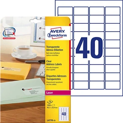Obrázek AVERY Zweckform L4770 25 adresní štítky/adresní štítky (1. 000 štítků, 45,7 x 25,4 mm na A4, lze potisknout, samolepicí, pro s odesílatelem, průhledná polyesterová fólie) listů, průhledné