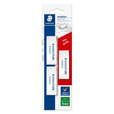 Obrázek STAEDTLER 526 B20BK3P guma bez ftalátů a latexu, 65 x 13 23 mm, 3 kusy na blistru, 1 kus zdarma, bílá