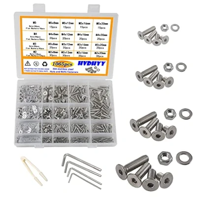 Obrázek HVDHYY 1065pcs M2 M3 M4 M5 Zylinderschrauben mit Innensechskant Schwenkkopf Schrauben set A2 70 Edelstahl Sechskopf Maschinenschrauben, Muttern, Unterlegscheiben Sortiment Kit Aufbewahrungsbox