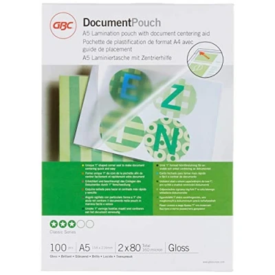 Obrázek GBC laminovací fólie A5 80 mic, robustní kapsy v balení po 100 kusech, lesklé, průhledné, ideální do kanceláře a školy, IB575037