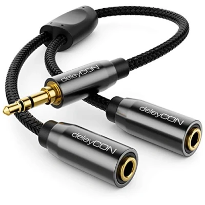 Obrázek deleyCON 0,20 m audio jack Y Splitter kabel AUX kvalitní nylonový plášť 3,5 mm konektor na 2 x zdířka stereo adaptér
