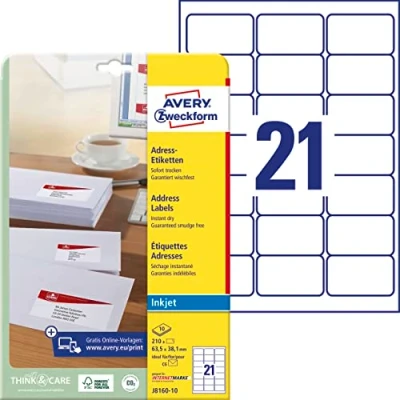Obrázek AVERY Zweckform J8160 10 štítky na adresu/adresu (210 etiket, 63,5 x 38,1 mm A4, lze potisknout, samolepicí, pro obálky DIN B6/C6, papír matný, inkoustové tiskárny) listů, bílá