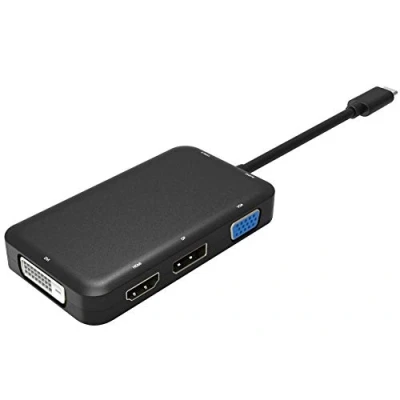 Obrázek PremiumCord USB C Dock s 4K HDMI, DisplayPort, DVI, VGA, kompatibilní Video 4K@60Hz 2160p, Full HD 1080p, 3.1 typ C, barva černá, hliníkové pouzdro, délka 20 cm