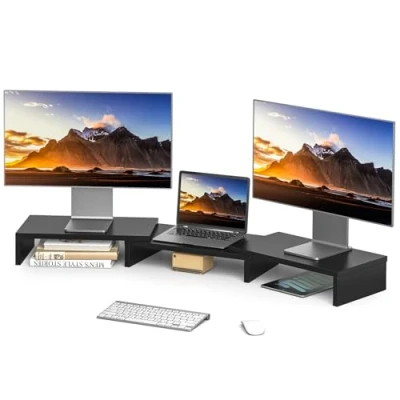Obrázek Rfiver Monitorständer Monitor Stand Bildschirmerhöhung Holz Dual Unterbau Bildschirm Laptop Ständer Tisch Erhöhung für 2 PC Notebook Computer Swivel Länge Justierbar (840 1232)*235 * 95mm Schwarz