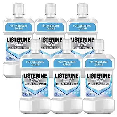 Obrázek LISTERINE Advanced White jemná chuť (6 x 500 ml), antibakteriální ústní voda k odstranění odolných zbarvení zubů, pro bělejší zuby během pouhého 1 týdne