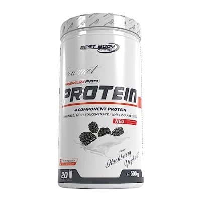 Obrázek Best Body Nutrition Gourmet Premium Pro Protein, Blackberry Yoghurt, 4komponentní proteinový koktejl: Caseinat, Whey koncentrát, Isolat, Eiprotein, 500 g dóza
