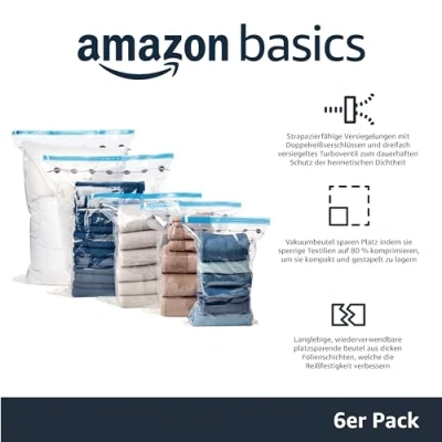 Obrázek Amazon Basics Vakuumbeutel für Kleidung mit Luftdichtem Ventil und Handpumpe Jumbo, 6er Pack, Reißverschluss, Durchsichtig