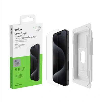 Obrázek Belkin ScreenForce UltraGlass 2 antimikrobiální iPhone 15 pro ochranná fólie na displej, odolná proti poškrábání, tenké sklo, stupeň tvrdosti 9H, s polohovacím krytem nalepení bez bublin