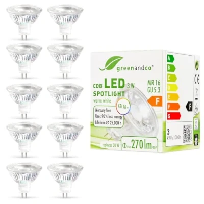 Obrázek 10 x greenandco® LED spot nahrazuje 25 30 w MR16 GU5, 3 halogenové reflektory, 3W 240 lumenů teplá bílá 2700 K COB reflektory 38 12V AC/DC s bezpečnostním sklem, nikoliv stmívatelná, záruka 2 roky
