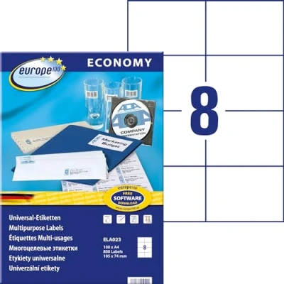 Obrázek Europe100 Art. ELA023 univerzální etikety (800 lepicích etiket, 105 x 74 mm na A4, papír matný, individuálně potisknutelné, samolepicí nálepky, kompatibilní s AVERY 3427) 100 listů, bílé