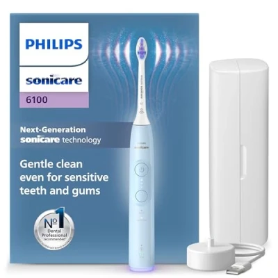 Obrázek Philips Elektrický zubní kartáček Sonicare 6100, sonický se 2 režimy čištění a 3 stupni intenzity, kontrola přítlaku, EasyStart, SmarTimer BrushPacer, světle modrá, model HX7406/02