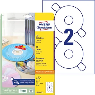 Obrázek AVERY Zweckform L6043 25 samolepicí CD etikety (50 neprůhledných nálepek, Ø 117 mm na A4, ClassicSize, papír matný, potištěné lepicí pro všechny tiskárny A4) listů, bílá