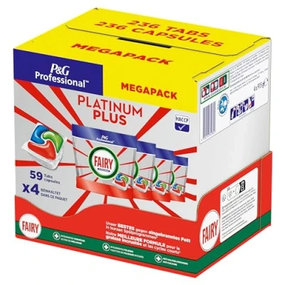 Obrázek Tablety do myčky nádobí Fairy Professional Platinum Plus, 236 kapslí (4 x 59), pro vypálený tuk a krátké programy, v souladu s HACCP, profesionální složení použití komerčních kuchyních
