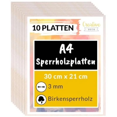 Obrázek Creative Deco 10 x A4 překližková deska 3 mm 300 210 (+/ 0,5) březová překližka tenké dřevěné přířezy Perfektní list pro listovou pilu, malba při požáru, řezání laserem, CNC router,