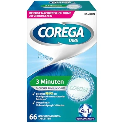 Obrázek Corega Čisticí TABS 3 minuty pro vyjímatelné zubní protézy/třetí zuby, tablety na čištění chrupu, 1 x 66