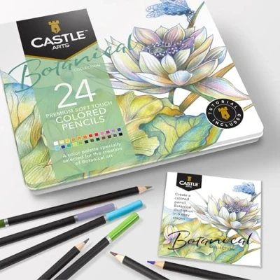 Obrázek Castle Arts Themed 24 Buntstiftsets in Blechdose, perfekte Farben für &#039;Botanisch&#039;. Mit hochwertigem, glattem Farbkern, hervorragender Misch und Überlagerungsleistung großartige Ergebnisse…