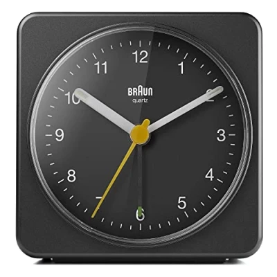 Obrázek Braun Klasický analogový budík s funkcí odloženého buzení a světlo, klidný quartzový hodinový strojek, alarm Crescendo, černý model BC03B, černá, Manžeta