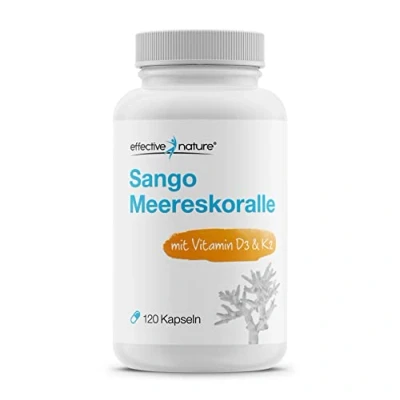 Obrázek effective nature Sango mořský korál + vitamin D3 &amp; K2 120 kapslí s vápníkem a hořčíkem v optimálním poměru 2:1 vysoká dávka veganský doplněk stravy pro kosti acidobazickou domácnost