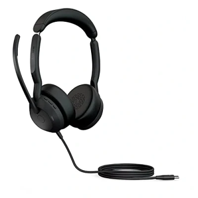 Obrázek Jabra Evolve2 50 stereo headset propojený kabelem s Air Comfort mikrofony aktivním potlačením hluku (ANC) kompatibilní se všemi platformami UC, jako je Zoom a Google Meet černý