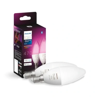 Obrázek Philips Hue White &amp; Color Ambiance E14 LED žárovky balení 2 ks (470 lm), stmívatelné svítidlo pro světelný systém s 16 miliony barev, chytré ovládání světla pomocí hlasu a aplikace