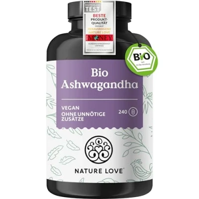 Obrázek NATURE LOVE® Bio Ashwagandha 240 kapslí vysoká dávka 1950 mg v denní dávce vysoce kvalitní indické spací plody laboratorně testováno, veganské, vyrobeno Německu