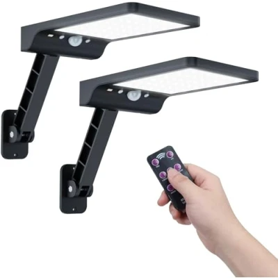 Obrázek solární lampy pro venkovní použití s detektorem pohybu, Moman 48 LED lampa IP65 vodotěsná 3 režimy zářič dálkovým ovládáním zahradu, garáž, 2 ks, detektor