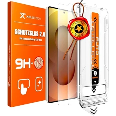 Obrázek XeloTech Ochranné sklo pro Samsung Galaxy S25 ULTRA z pancéřového skla automatické vyrovnání s novou šablonou proti prachu, 2 sklenice, extra tvrdé 9H+