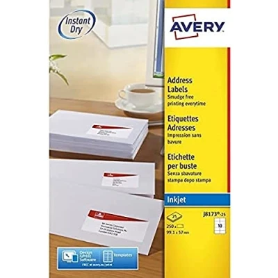 Obrázek AVERY Zweckform J8173 25 přepravní štítky/zásilkové nálepky (250 etiket, 99,1 x 57 mm na A4, lze potisknout, samolepicí, pro inkoustové tiskárny, obálky DIN B4/C4) listů, bílé