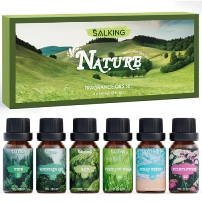 Obrázek SALKING Přírodní sada éterických olejů, aromaterapie vonný olej, dárková sada, čisté vonné oleje pro difuzér, zvlhčovač vzduchu, 6 x 10 ml (borovice, mořský vánek, déšť, čerstvě řezaná tráva, divoké