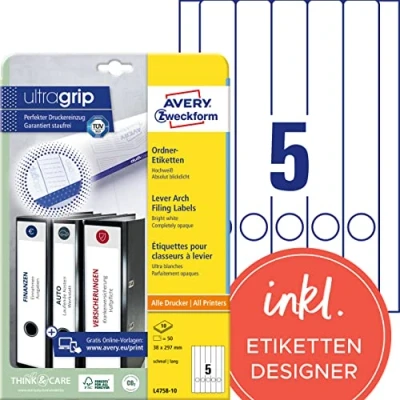 Obrázek AVERY Zweckform L4758 10 etikety na hřbety pořadačů (50 štítků hřbetu s ultra gripem, 38 x 297 mm A4, úzké/dlouhé, samolepicí, absolutně neprůhledné, potištěné pořadače) listů,