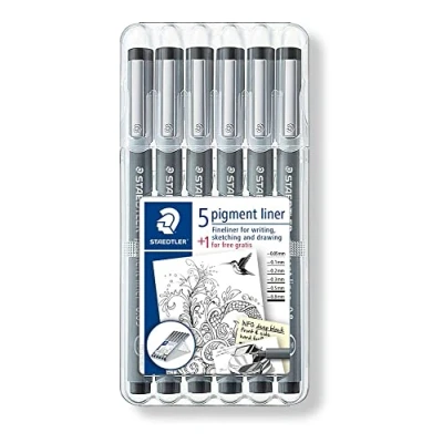 Obrázek STAEDTLER Fineliner sada pigment liner, 6 šířek čar, vysoká kvalita, pigmentový inkoust, odolný na dokumenty, vůči světlu, černá, 5 mikrofix a 1 kus zdarma, 308 SB6P1