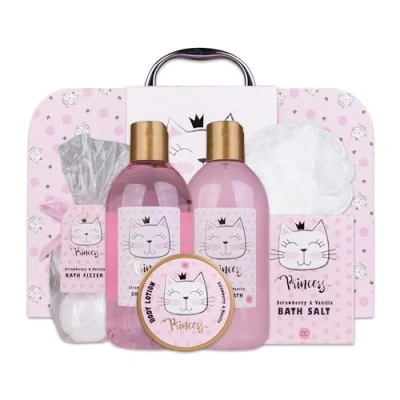 Obrázek Accentra Dárková sada Princess Kitty pro dívky a ženy 7dílná sprchová s pěnovou koupelí, koupelovými bombami, sprchovým gelem, tělovým mlékem dalšími pečující jahodovou
