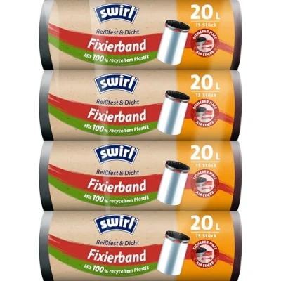 Obrázek Swirl Odolná proti roztržení a těsná fixační páska na odpadky 20 l (4 x 15 sáček), pytle odolné odkapávání, sáčky pro bezpečné držení odpadkovém