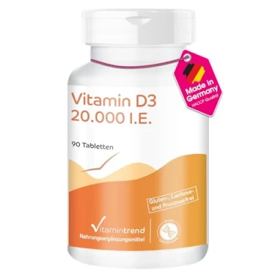 Obrázek Vitamintrend vitamín D3 20000 I.E. vysoká dávka, 90 tablet, sluneční cholekalciferol, veganský doplněk stravy bez přísad, vyrobený v Německu