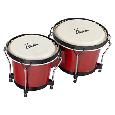 Obrázek XDrum PERC Bongos Club vínově červené 2 bubny s 6&quot; a 7&quot; bongotbubny ladícími přírodními kožešinami ladicím klíčem dřevěné