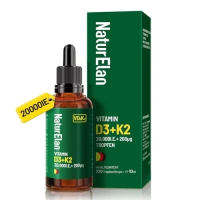 Obrázek Kapky vitamínu D3 K2 s vysokou dávkou 20000I.E. + vitamin MK7 200 mcg v dávce, vegetariánský, bez přísad, vyrobeno Německu